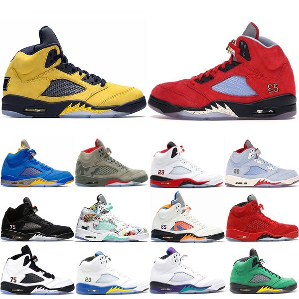 

with box michigan inspire trophy room 5s ice blue men basketball shoes 5 laney yellow bred red suede metallic black sports sneakers, White;red