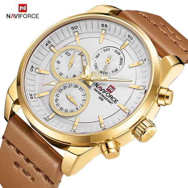 

men's sports watches naviforce men quartz 24 hour date wrist watch men waterproof leather clock relogio masculino, Slivery;brown