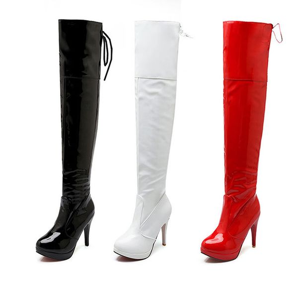 

women thigh high boots over the knee long boots new side zip thin heels fashion patent leather nightclub dance ladies shoes, Black