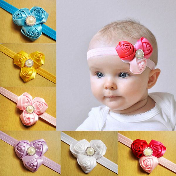 

new baby girls 3 flowers hairband children's hair accessories rhinestones rose flower kids headband, Slivery;white