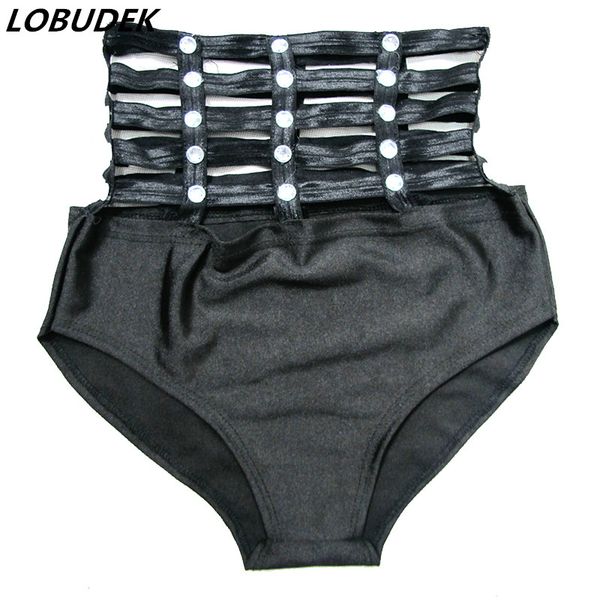 

hollow out high waist shorts stretch black crystals pants women dj singer dancer jazz pole dancing costume stage wear, Black;red