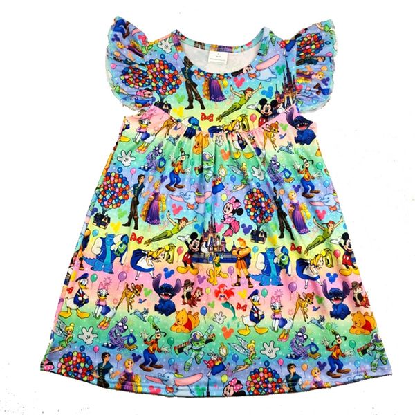 

flutter sleeve kids clothing mickey party world print girl spring/summer pearl dress milksilk baby girls cartoon mouse dress, Red;yellow