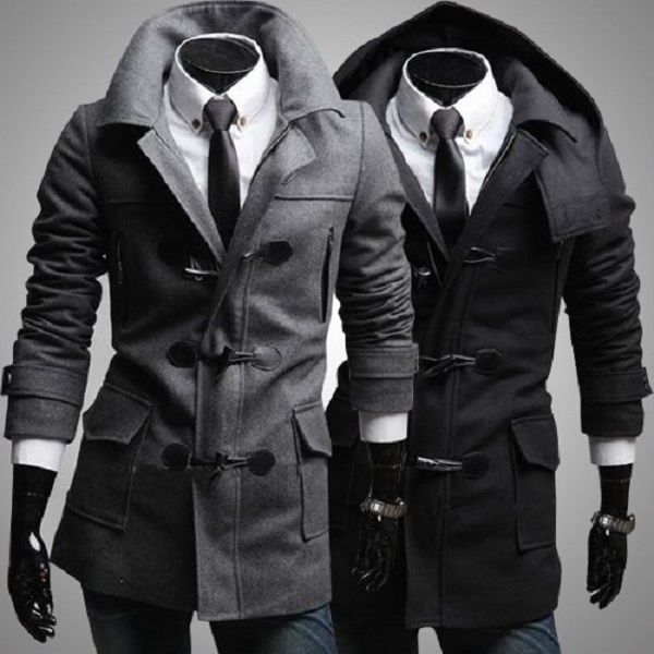 

gray detachable hat fashion men middle length casual cool button coat, Black