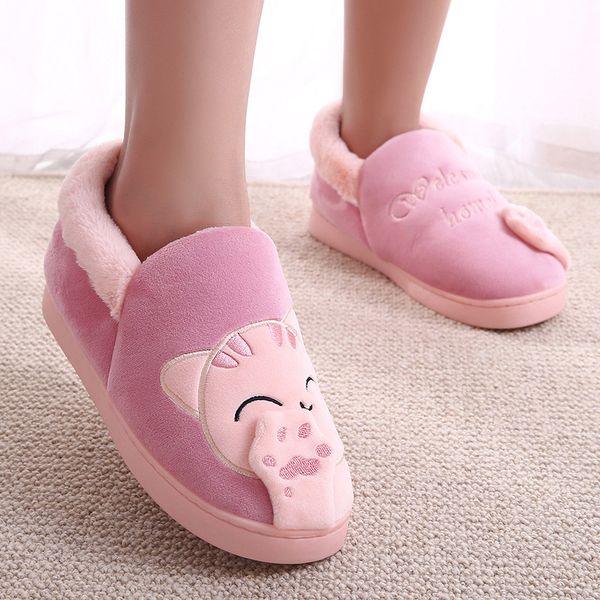 

women winter warm home slipper couple shoes female plush cat animal slip on soft indoor flats comfort ladies & man plus size, Black