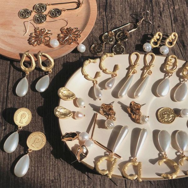 

korea design drop pearl earrings 2019 gold metal geometric circle round irregular simulated pearl dangle earrings for women girl, Silver