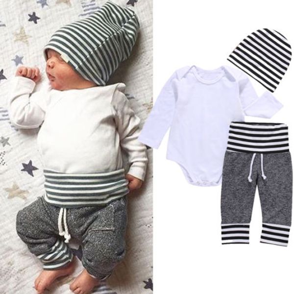 

3pcs newborn romper infant baby boy clothes cotton romper long sleeve shirt pants hat pajamas outfit set classic stripe clothes, Blue