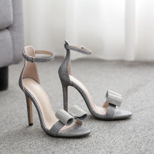 

2020 summer rhinestone sandals silvery butterfly-knot women fashion high heels ankle buckles ladies sandals party shoes, Black