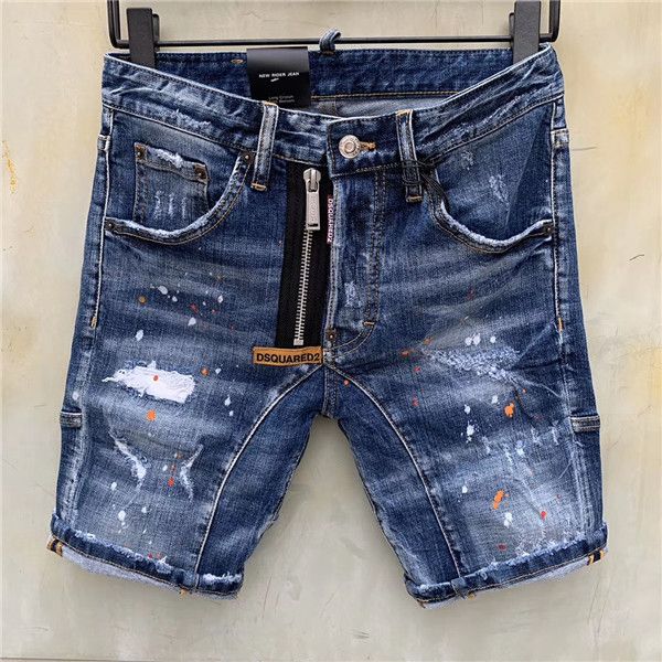 

new fashion jean summer d2 style mens short zipper fly holes denim printing shorts pants button spray paint slim shorts jeans, Blue