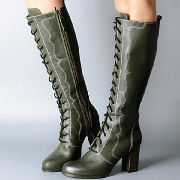

lace up women knee high boots pu leather chunky high heels riding long boots autumn winter platform western ladies shoes, Black