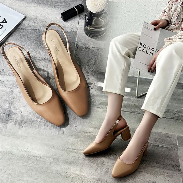 

women fashion pumps pu leather pointed toe spring summer shoes woman mid heel sandals slip on female square heels shoes dx26, Black