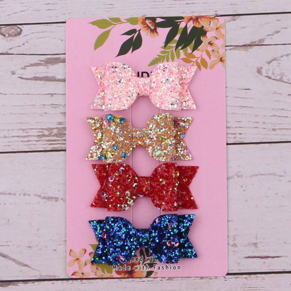 

4pcs/card lovely bow hair glitter felt hair clip cute pu leather double layer hairpin modish girls clip new headwear, Slivery;white