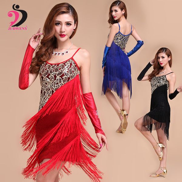 

latin dance dress women competition dresses salsa tassel sequins dance apparel ballroom performance dancewearlatin fringe dress, Black;red