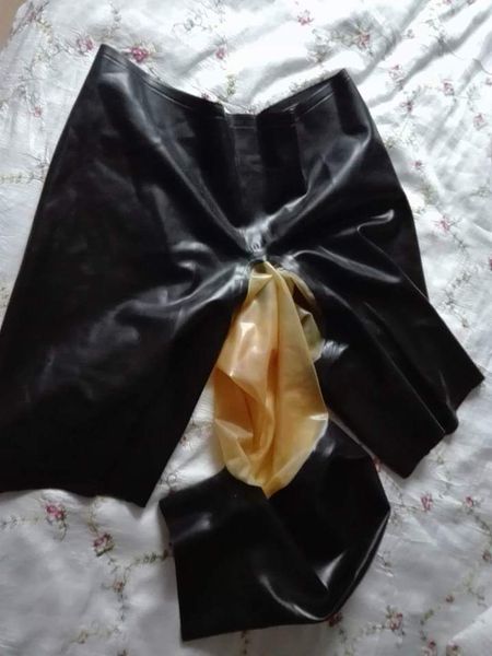 

latex short pants with attached back zip hood latex underwear, Black;white
