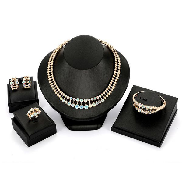 

necklace earrings ring bracelet jewelry set rhinestone fashion women 18k gold plated alloy wedding jewelry 4-piece set js508, Slivery;golden
