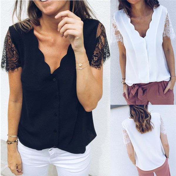 

women's t-shirt hirigin est fashion women loose short sleeve v neck tee summer chiffon lace casual, White