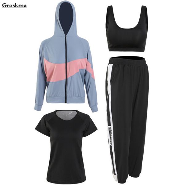 

autumn winter women quick dry yoga 4 piece set coats+t shirt+bra+pants fitness gym sportswear clothing loose suit sets running, White;red