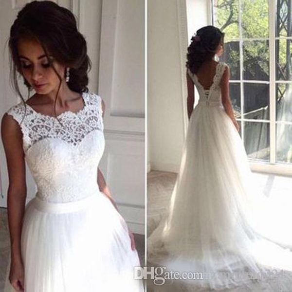 

2020 charming wedding dresses jewel backless sweep train appliques garden chapel country bridal gowns vestido de novia plus size, White