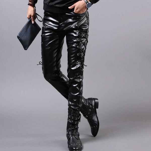 

2020 new fashion punk leather pants men's casual novelty panelled 19fw slim locomotive fashion brand style men's trousers 2 style, Black