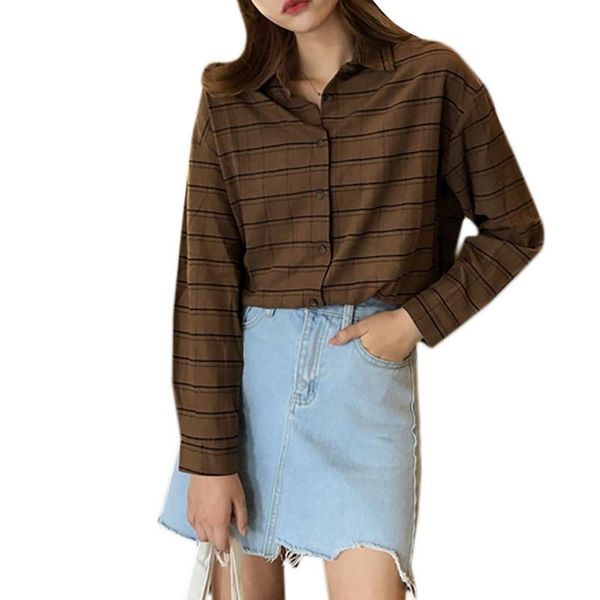 

fashion women and blouses female casual matching color long sleeve button loose plaid shirt blusas mujer de moda 2019, White