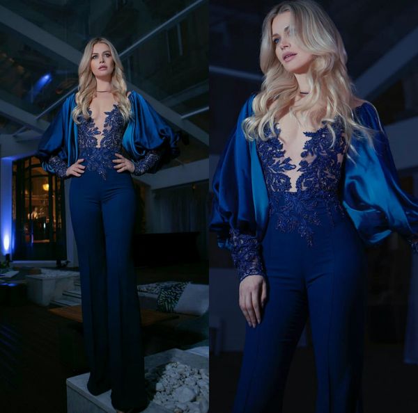 

elegant long sleeve jumpsuits lace appliqued women prom gowns plus size 2020 fashion celebrity evening dress, Black