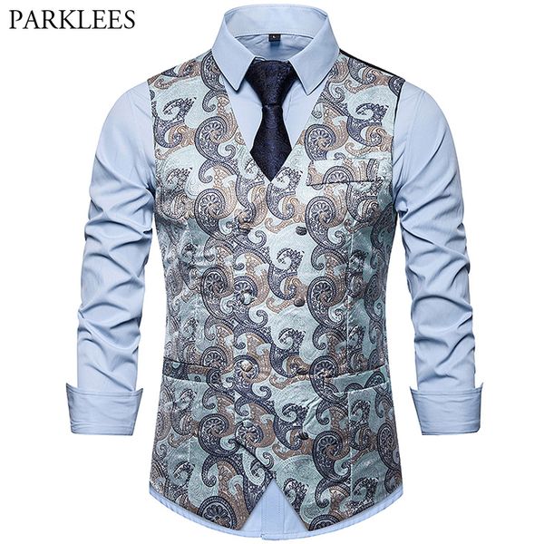 

mens luxury paisley jacquard suit vest double breasted dress tuxedo vest prom singer dancer waistcoat performance clothing gilet, Black;white