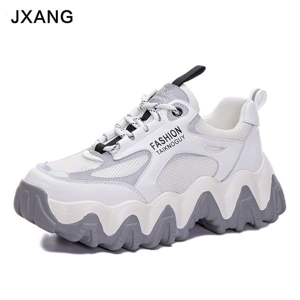 

jxang ladies platform shoes mesh autumn breathable lace up ladies shoes chunky sneakers casual vulcanized fashion sneakers, Black