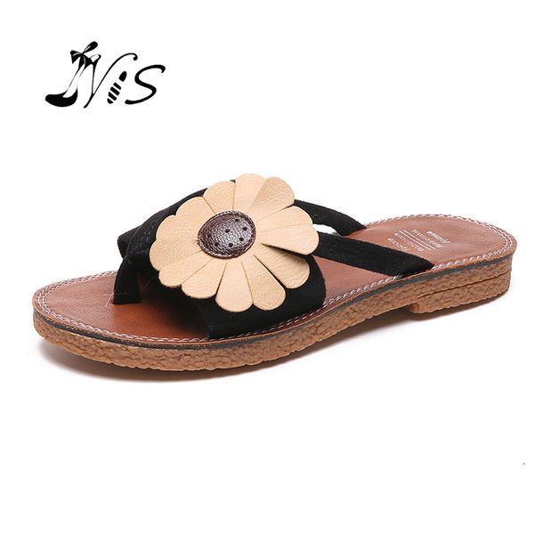 

slippers nis womens spring summer flip flops flowers open toe slip on flat fashion beach casual daily outdoor girls non-slip shoes, Black