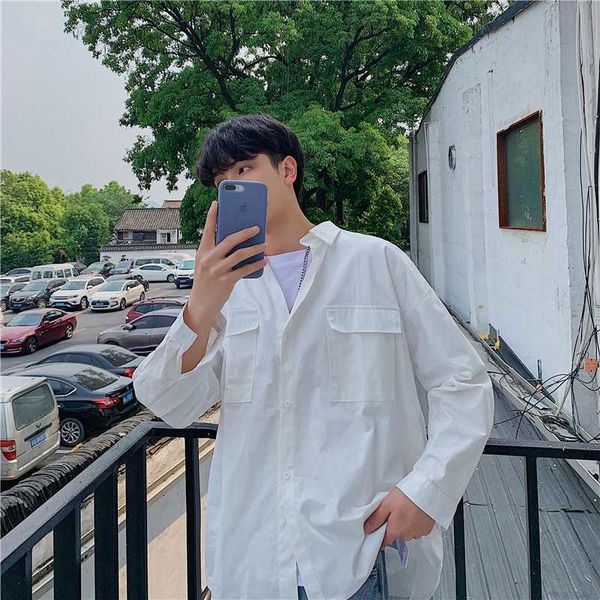 

cotton shirt men's fashion solid color business casual dress shirt streetwear society men solid color loose long-sleeved, White;black