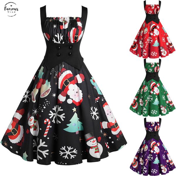 

vintage sleeveless christmas dress print housewife dresses woman party night evening party prom black dress robe noel femme, Black;gray