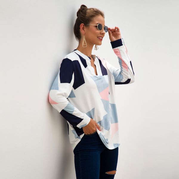 

womens office shirts 2020 autumn winter daily geometric print v neck long sleeve ladies loose shirt blouse roupa feminina, White