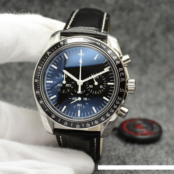 

44mm quartz chronograph date mens watches round dial black leather band six hands fixed bezel with a ring showing tachymeter markings, Slivery;brown