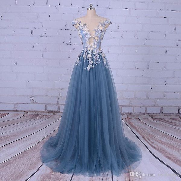 Vestido de festa de noite para mulher colher a linha decorado com flor tull azul vestido de baile para formatura 2019272i