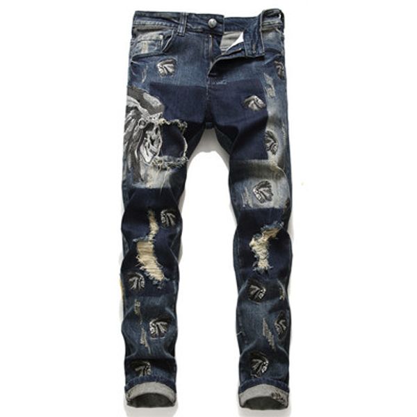 

модные мужские светло-синие черные джинсы брюки мотоциклист мужские выстиранные старые сложенные мужские брюки повседневная джинсовая ткань, Blue