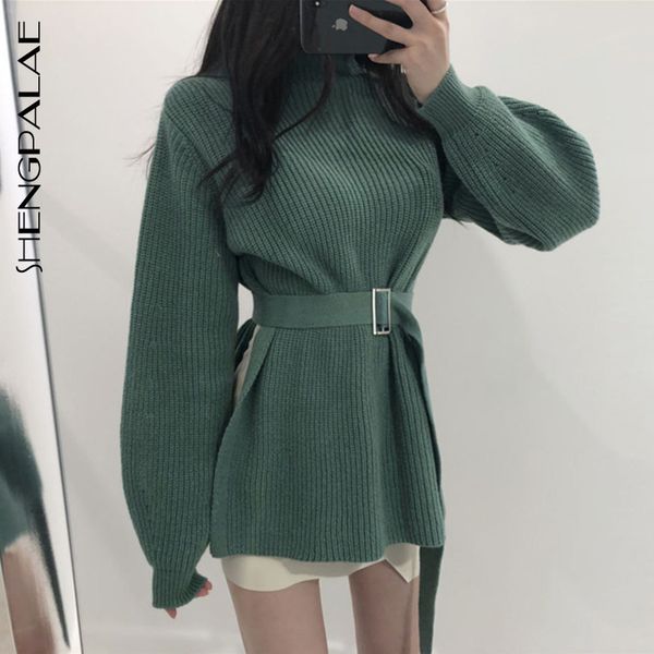 

shengpalae autumn 2019 new fashion half high collar with belt solid long sleeve pullovers women loose casual tide sweater ft949, White;black