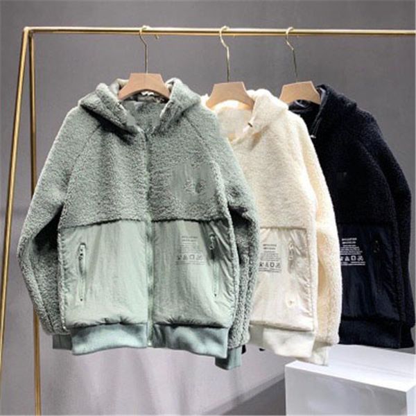 

19fw womens lambswood hooded coat thickened with stitched embroidery falling shoulder sleeve medium length loose zipper comfortable soft, Black;brown