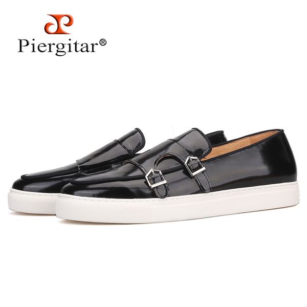 

piergitar 2019 black colors genuine leather double-monk men sneakers handcrafted sporty style men's white bottom casual shoes
