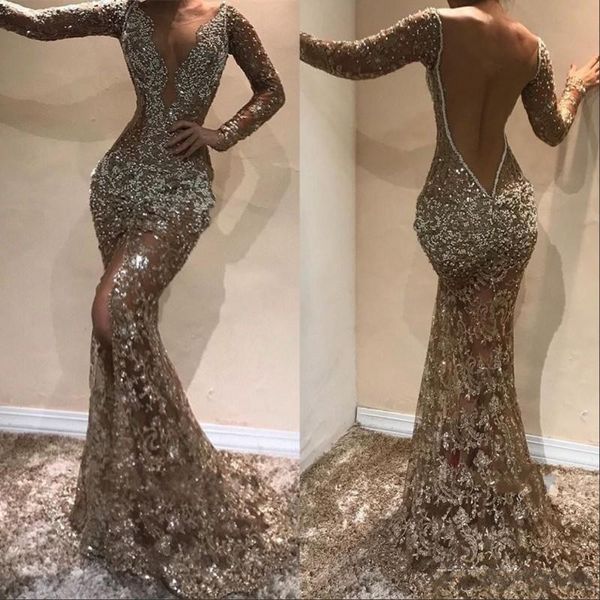 

sparkly lace evening dress illusion long sleeve sheer neck formal party gowns front slit backless prom dress dubai vestidos, Black;red