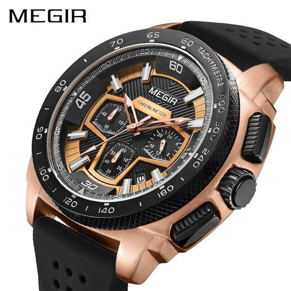 

megir chronograph men sport watch fashion silicone army watches relogio masculino quartz wrist watch clock men 2056, Slivery;brown