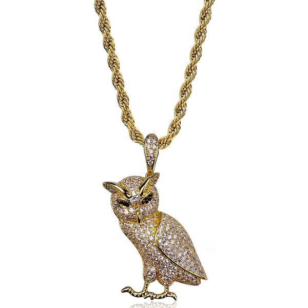 

luxury exquisite 18k gold plated necklaces fashion men bling zircon micro paved owl pendant necklaces hip hop necklaces jewelry, Silver