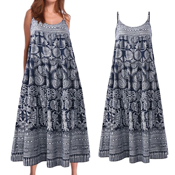 

women's cotton blends round neck vacation casual bohemian print loose retro sling dress, Black;gray