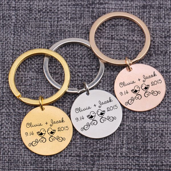 

popular keytags piece round keychain customized name year date a pair of birds lovers gifts memorial keyring anniversary, Silver