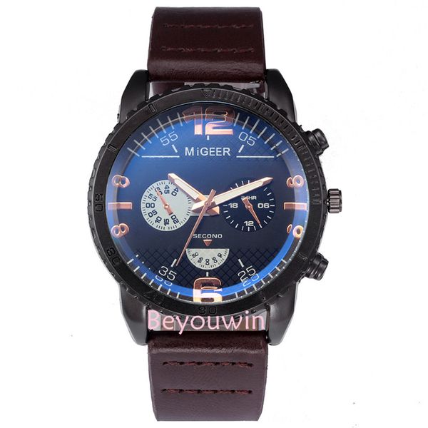 

100pcs/lot special dial man casual watch migeer brand leather wrist watch for boy friend wholesale clock, Slivery;brown