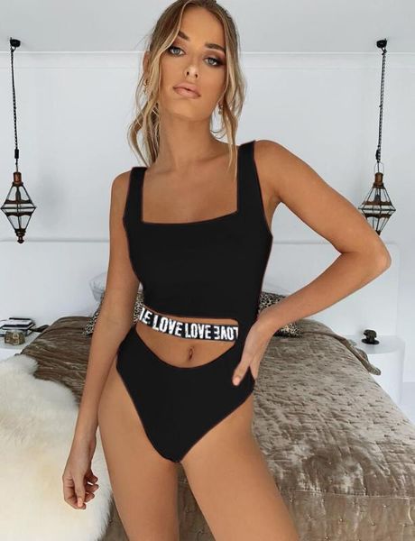 

2020 new love letter bandage swimsuit one piece swimwear monokini solid push up swim suit hollow out swimwear for women