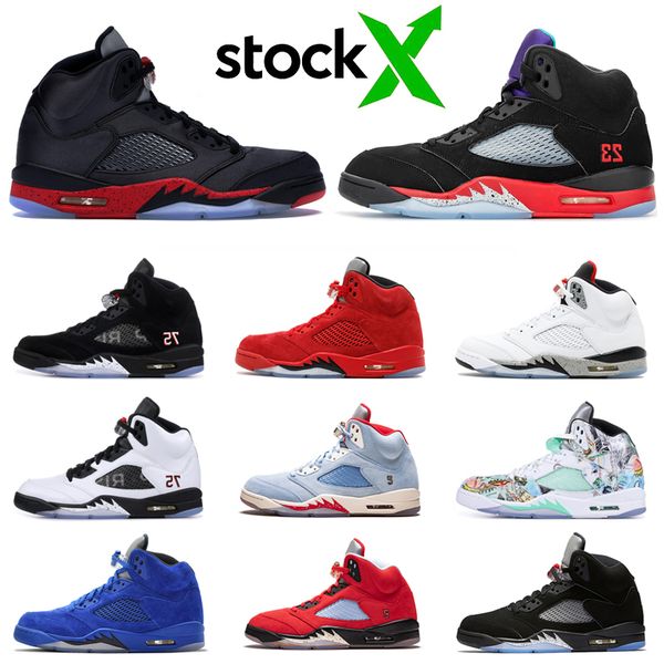 

stock x jumpman 5s men basketball shoes fire red black metallic silver oil grey bred laney royal mens trainer sports sneakers 7-13