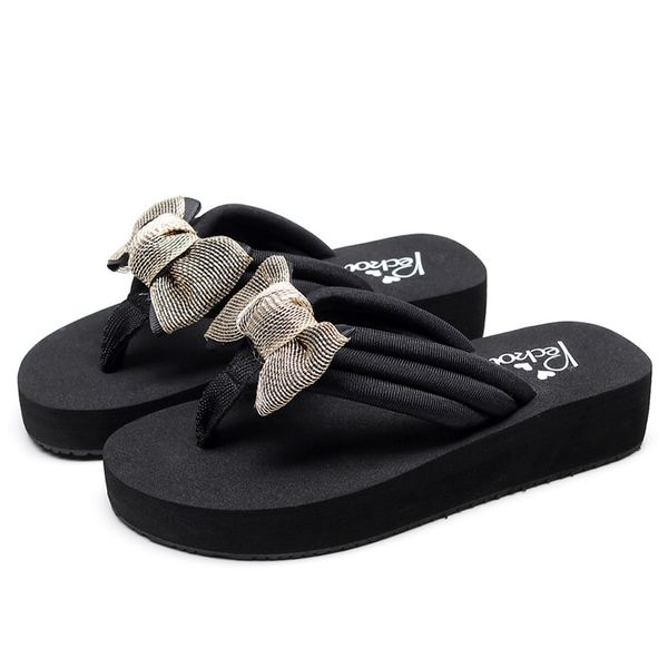 

ladies fashion bohemian platform slippers women casual summer thick bottom beach slippers bow flip flops outdoor indoor, Black