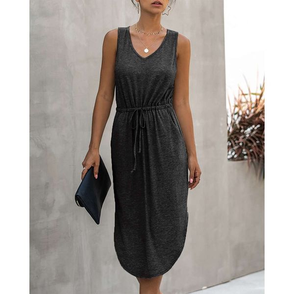 

women's fashion casual solid color v-neck tethered vest dress, Black;gray