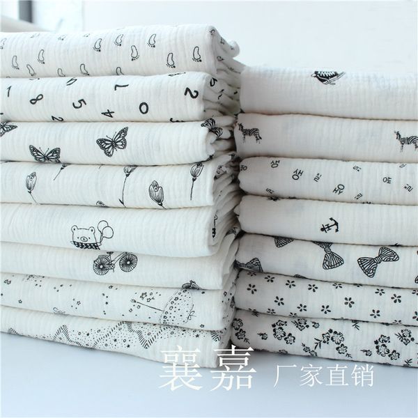 

100% cotton double layer gauze printed crepe fabric fold texture fabric 100x135cm, Black;white