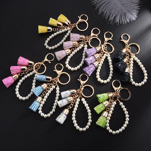 

sequin tassel keychains leather keyrings key chain ring girls women gift jewelry pendants bag charms fashion key holder accessories for car, Slivery;golden