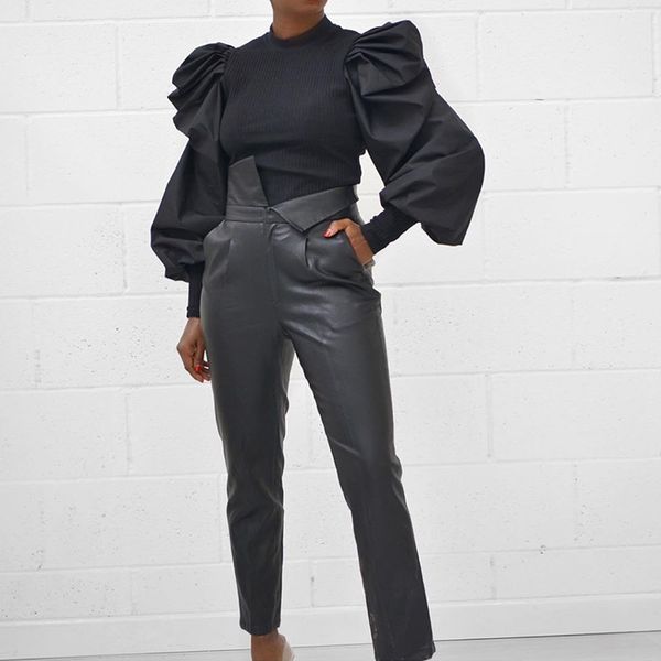 

spring new arrival personality girdle pu leather pants female fashion lapel waist high waist great quality leather pants f1011, Black;white