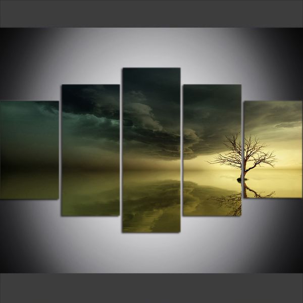 

5 piece large size canvas wall art pictures creative sky sea sunset tree magic dawn poster art print oil painting for living room